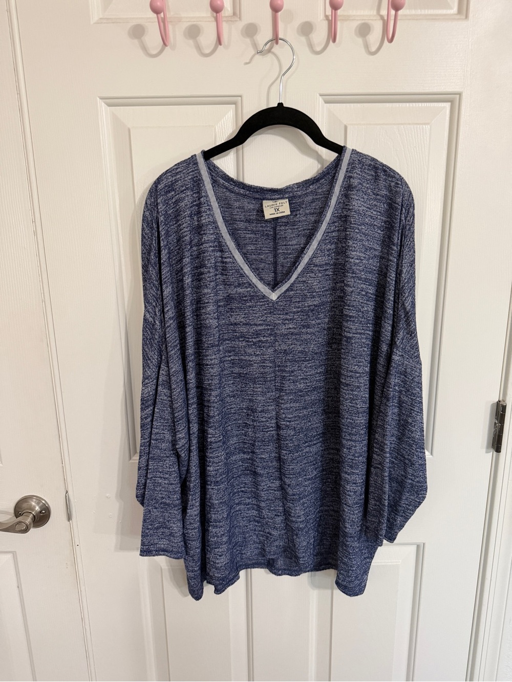 Laurie Felt 1X Blue Marled V Neck Oversized Dolman Poncho Tunic Top